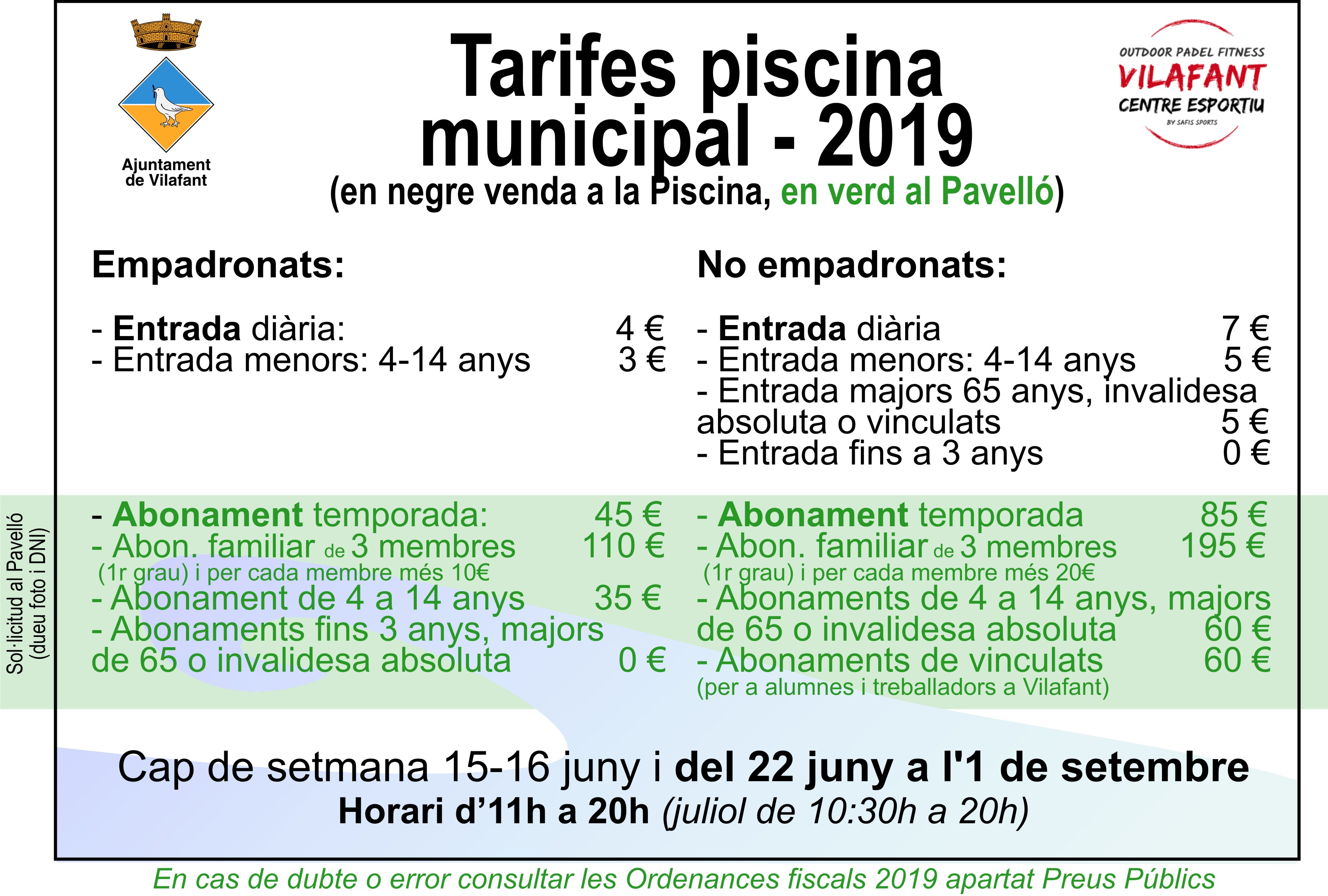 Tarifa Piscina Municipal 2019